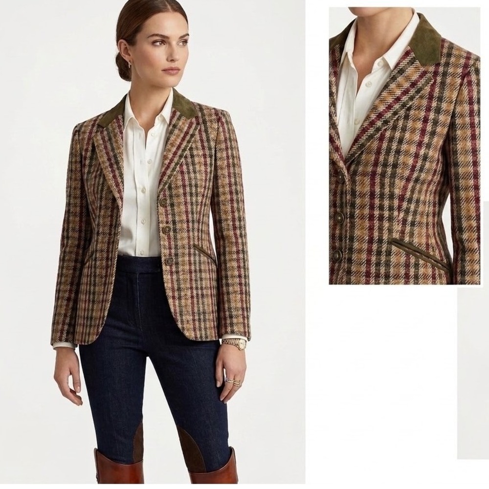 Vintage Forenza Wool Blazer 10 Brown Plaid Suede Leather Trim Boyfriend Jacket